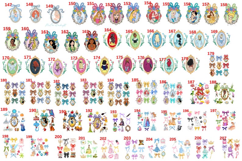 Op de afbeelding: Een verzameling diverse illustraties met personages uit animatiefilms, waaronder portretten in ovale frames met bloemen- en strikaccenten, en sets strikken en accessoires. Het kleurenpalet omvat pasteltinten en levendige kleuren.