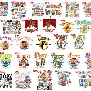 May include: A collection of thirty-seven distinct graphic designs featuring characters from the Toy Story franchise, including Woody, Buzz Lightyear, Jessie, and others, labeled with numbers 360 through 396, showcasing various colorful illustrations.