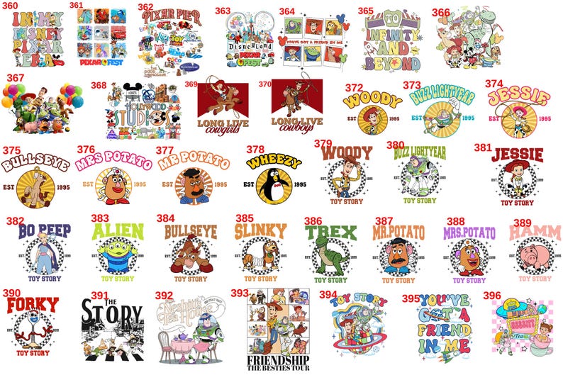 May include: A collection of thirty-seven distinct graphic designs featuring characters from the Toy Story franchise, including Woody, Buzz Lightyear, Jessie, and others, labeled with numbers 360 through 396, showcasing various colorful illustrations.