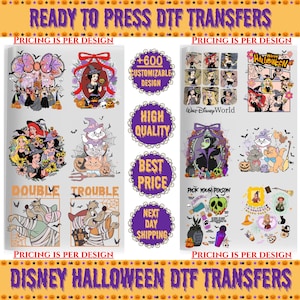 May include: A collection of ready to press DTF transfers featuring various Halloween-themed cartoon character illustrations, including witches, cats, and pumpkins. The sheet includes text such as Double Trouble, Pick Your Poison, and Disney World.