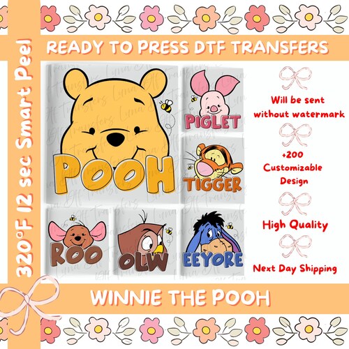 Winnie the Pooh Characters Dtf Transfer, Custom Disney Pooh Dtf, Pooh and Friend Dtf, Disney Winnie the Pooh Matching Dtf Transfer.