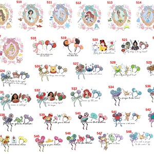 Op de afbeelding: Een verzameling ge&iuml;llustreerde haarbanden met verschillende Disney-personages. Elk haarbandontwerp bevat karakterkunst, strikken en tekst. De ontwerpen omvatten Minnie Mouse, prinsessen en andere geliefde personages. Het algemene thema is grillig.