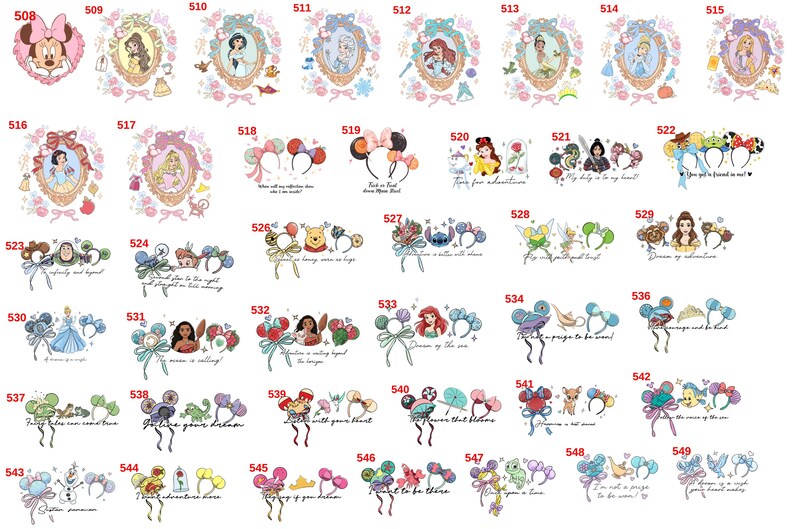 Op de afbeelding: Een verzameling ge&iuml;llustreerde haarbanden met verschillende Disney-personages. Elk haarbandontwerp bevat karakterkunst, strikken en tekst. De ontwerpen omvatten Minnie Mouse, prinsessen en andere geliefde personages. Het algemene thema is grillig.