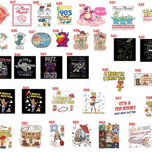 May include: A collection of forty-one colorful graphic designs featuring various cartoon characters, movie logos, and text phrases from the Toy Story franchise, arranged in a grid format with individual identification numbers from 525 to 565.