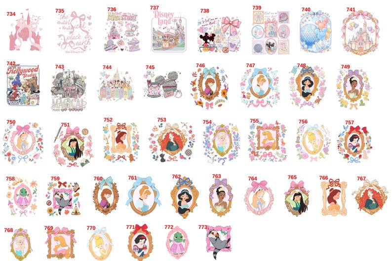 Op de afbeelding: Een verzameling stickers met Disney-personages en -sc&egrave;nes. De stickers bevatten afbeeldingen van prinsessen, kastelen en andere iconische Disney-elementen, met een verscheidenheid aan frames en decoratieve elementen. Het kleurenpalet bestaat voornamelijk uit pastelroze, blauw en geel.