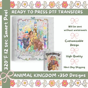 May include: A DTF transfer sheet featuring a colorful illustration of Disney characters including Tarzan, Jane, and an elephant in front of a castle. The text reads Disneyworld 1999. The design includes a decorative border and a smaller version of the graphic.