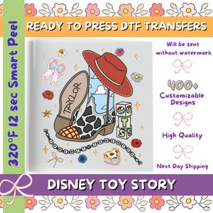 May include: A DTF transfer sheet featuring a graphic of a cowboy boot with a cow print pattern, a red hat, and the name Taylor. The design includes blocks with the letters T, S, and S, a beaded bracelet with text, and various floral accents.