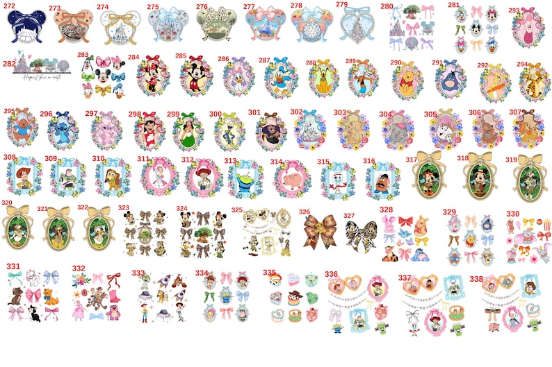 Op de afbeelding: Een verzameling diverse Disney-thema versieringen, waaronder strikken, ovale frames met karakterillustraties en Mickey Mouse-vormige ontwerpen. Het kleurenpalet omvat pasteltinten en levendige kleuren.