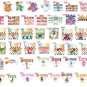 May include: A collection of graphic designs featuring Toy Story characters including Woody, Buzz Lightyear, Jessie, Rex, Slinky, Hamm, Forky, Lotso, Zurg, Bo Peep, and Mr. and Mrs. Potato Head, each labeled with numbers 181 through 235 in red text.