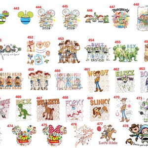 May include: A collection of colorful graphic designs featuring Toy Story characters, including Woody, Buzz Lightyear, Jessie, and others, labeled with numbers 441 through 478. The images include various illustrations, text, and icons.
