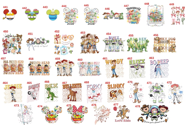 May include: A collection of colorful graphic designs featuring Toy Story characters, including Woody, Buzz Lightyear, Jessie, and others, labeled with numbers 441 through 478. The images include various illustrations, text, and icons.