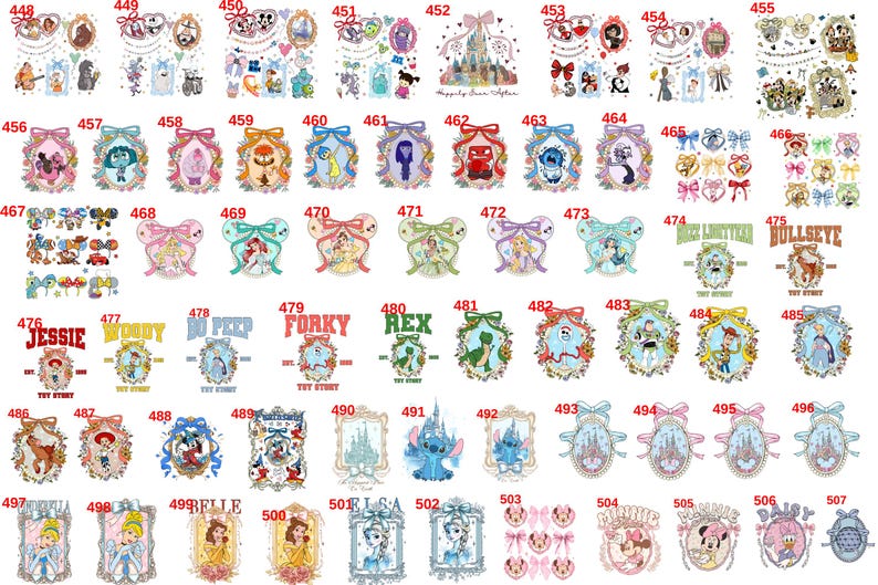 Op de afbeelding: Een verzameling kleurrijke, decoratieve stickers met verschillende stripfiguren en ontwerpen. De stickers zijn gerangschikt in een raster en tonen een verscheidenheid aan thema's, waaronder Disney-personages en Toy Story.