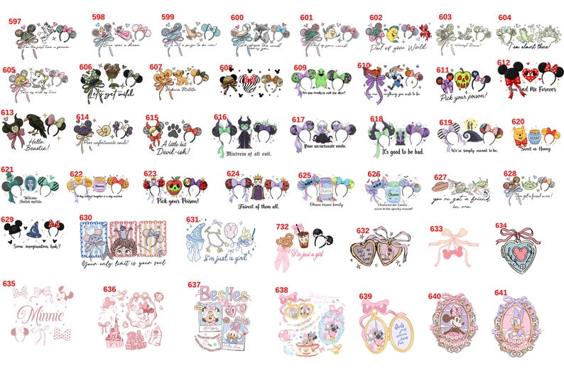 Op de afbeelding: Een verzameling decoratieve haarbanden met verschillende ontwerpen, waaronder muizenoren, strikken en elementen met personages. Sommige haarbanden hebben tekst zoals "Pick your poison!" en "Besties."