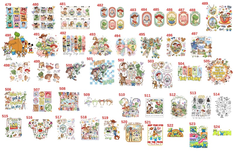 May include: A collection of colorful digital illustrations featuring various Toy Story characters, including Woody, Buzz Lightyear, Jessie, and the Aliens, arranged in a grid with individual identification numbers from 479 to 524.