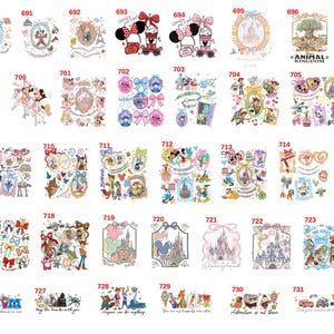 Op de afbeelding: Een verzameling decoratieve stickers met verschillende stripfiguren en thema-ontwerpen. De stickers bevatten afbeeldingen van Minnie Mouse, Disney-kastelen, strikken en andere grillige elementen. Het kleurenpalet omvat roze, blauw en andere pastelkleuren.