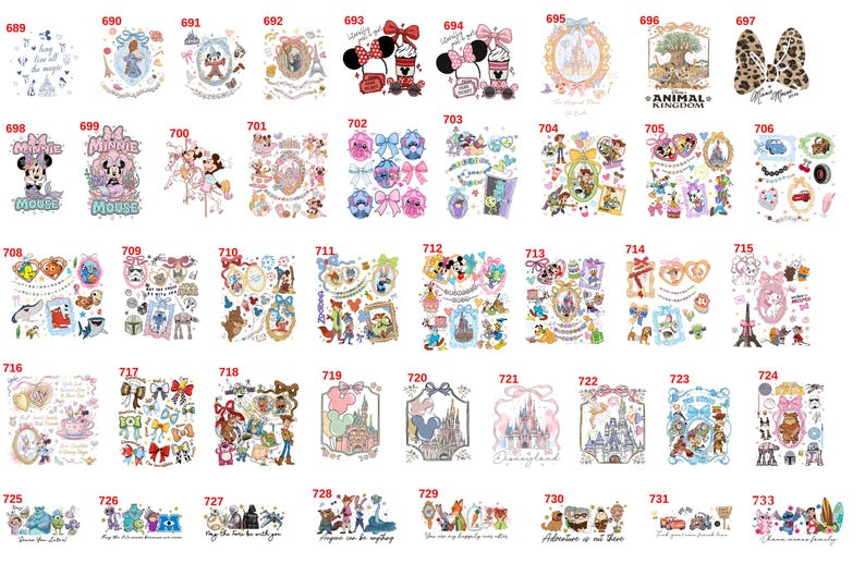 Op de afbeelding: Een verzameling decoratieve stickers met verschillende stripfiguren en thema-ontwerpen. De stickers bevatten afbeeldingen van Minnie Mouse, Disney-kastelen, strikken en andere grillige elementen. Het kleurenpalet omvat roze, blauw en andere pastelkleuren.