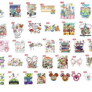 May include: A collection of forty-four colorful graphic designs featuring Toy Story characters, including Woody, Buzz Lightyear, and Jessie. The images include various illustrations, text, and icons such as castles, ears, and snacks, each labeled with a number.
