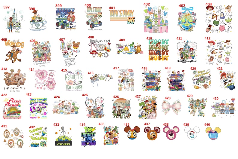 May include: A collection of forty-four colorful graphic designs featuring Toy Story characters, including Woody, Buzz Lightyear, and Jessie. The images include various illustrations, text, and icons such as castles, ears, and snacks, each labeled with a number.