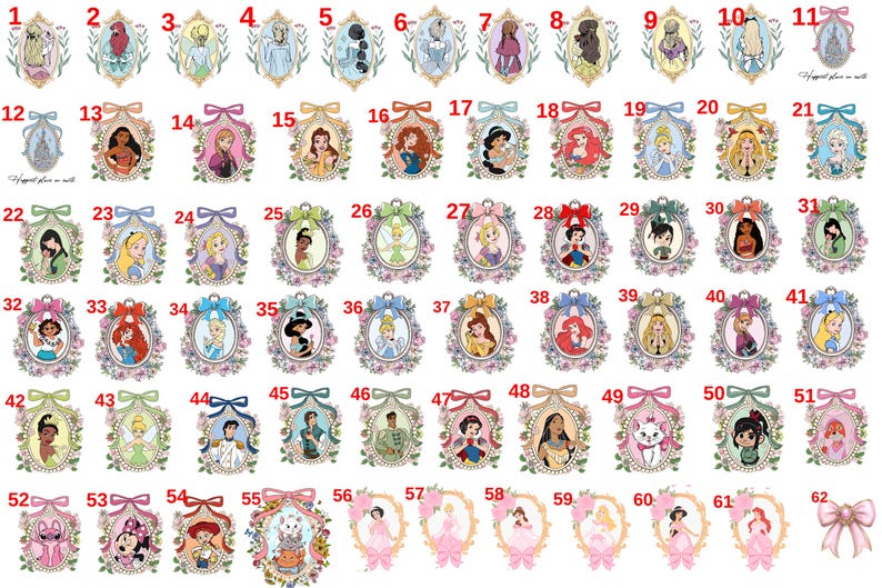 Op de afbeelding: Een verzameling van 62 ingelijste illustraties, elk met een ander personage, waaronder prinsessen en andere figuren. De ovale frames zijn versierd met bloemmotieven en strikken en zijn verkrijgbaar in verschillende kleuren.