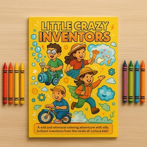 Puede incluir: Un libro para colorear amarillo titulado "Little Crazy Inventors" con ilustraciones de niños e inventos. El libro está rodeado de un juego de lápices de colores. El texto de la portada dice: "¡Una aventura para colorear salvaje y caprichosa con inventos tontos y brillantes de la mente de niños curiosos!"