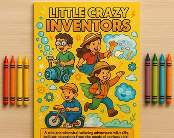 Può includere: Un libro da colorare giallo intitolato "Little Crazy Inventors" con illustrazioni di bambini e invenzioni. Il libro è circondato da un set di pastelli colorati. Il testo di copertina recita: "Un'avventura da colorare selvaggia e stravagante con invenzioni sciocche e brillanti dalla mente di bambini curiosi!"