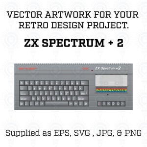 Op de afbeelding: Vector artwork van een ZX Spectrum +2 computer, een retro design project. De afbeelding toont een grijze computer met een toetsenbord, een cassettespeler en de tekst "DATACORDER". De tekst "Supplied as EPS, SVG, JPG, & PNG" is ook opgenomen.