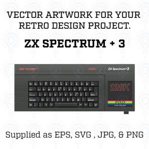 Pode incluir: Gráfico vetorial de um computador ZX Spectrum +3, um projeto de design retro. A imagem apresenta um computador cinza escuro com um teclado, o texto "ZX SPECTRUM + 3" e o texto "128K". Fornecido como EPS, SVG, JPG e PNG.