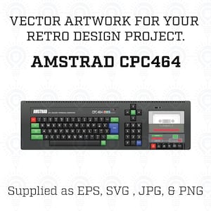 Może przedstawiać: Grafika wektorowa do projektu retro designu z komputerem Amstrad CPC464. Obraz przedstawia czarną klawiaturę z zielonymi, niebieskimi i czerwonymi klawiszami, odtwarzacz kaset i tekst "AMSTRAD CPC464".