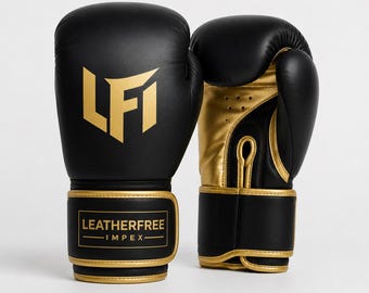 Black & Gold Boxing Gloves | Customizable Training Sparring Gear (LeatherFreeImpex)