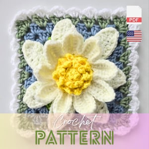 May include: Crocheted daisy pattern with a yellow center and white petals, set against a blue, green, and white background. The text "Crochet PATTERN" is displayed at the bottom. Includes a PDF icon and the American flag.