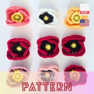 Peut inclure: Neuf modèles de fleurs au crochet de différentes couleurs, dont rose, blanc, rouge et jaune. Les fleurs présentent un design détaillé avec un pistil central jaune. L'image comprend le texte "Crochet Pattern" et une icône PDF.