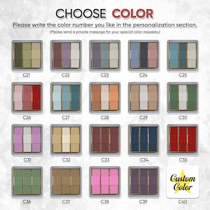 May include: An image with a color chart featuring 20 color options, each labeled with a "C" number. The text "CHOOSE COLOR" is at the top, with instructions to specify a color number in the personalization section. A "Custom Color" option is also available.