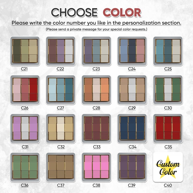 May include: An image with a color chart featuring 20 color options, each labeled with a "C" number. The text "CHOOSE COLOR" is at the top, with instructions to specify a color number in the personalization section. A "Custom Color" option is also available.