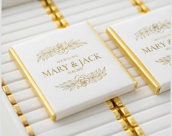 Recuerdos de boda de chocolate con leche personalizados, detalles en lámina dorada, regalos de agradecimiento para invitados.