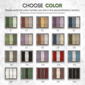 May include: A color chart with twenty different color combinations for a product. Each color combination is displayed in a rectangular frame with a unique number, ranging from C1 to C20. The text "CHOOSE COLOR" is at the top.
