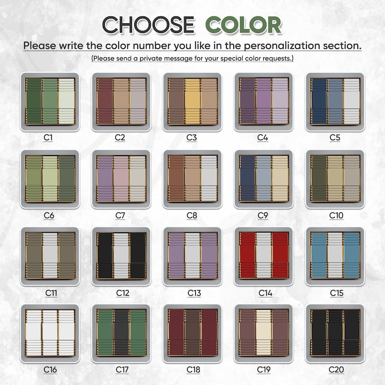 May include: A color chart with twenty different color combinations for a product. Each color combination is displayed in a rectangular frame with a unique number, ranging from C1 to C20. The text "CHOOSE COLOR" is at the top.
