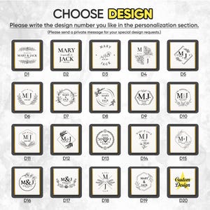 May include: A selection of 20 design options for personalized items, each displayed in a square frame. The designs feature names, initials, and floral or geometric elements, with text that reads "CHOOSE DESIGN".