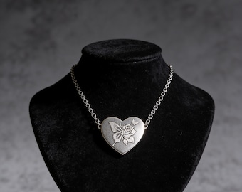 Engraved Rose Heart Necklace | Stainless Steel Floral Pendant