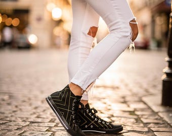 Art Deco High Top Sneakers | Gold Geometric Lines, Black Canvas