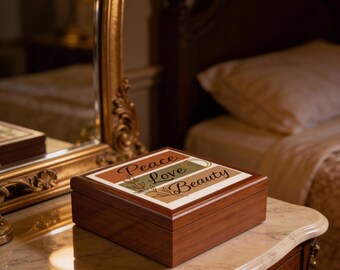Floral Peace Love Beauty Keepsake Box | Rubberwood Jewelry Storage