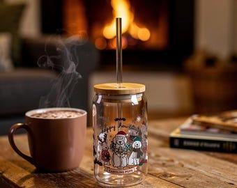 Caroling Pups Sipper Glass | Holiday Dog Design 16oz Tumbler