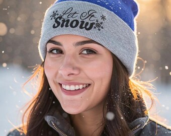 Let It Snow Embroidered Beanie | Pom-Pom Knit Winter Hat
