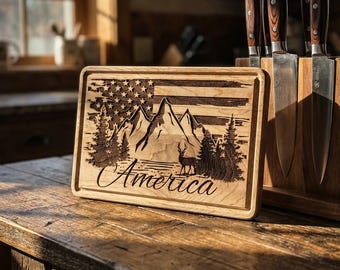 Engraved American Mountain Flag Cutting Board | Rustic Kitchen Decor