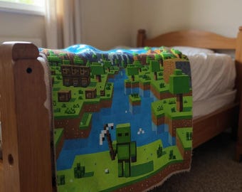 Pixel Landscape with Miner Fleece Sherpa Blanket | Pixel Art Mountain Scene, Minecraft,Kids, Gift, Blanket,bedding, winter