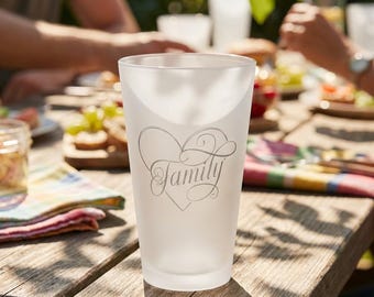 Family Heart Frosted Pint Glass | 16oz , Glass, Gift, Cup, Home, valentines day,