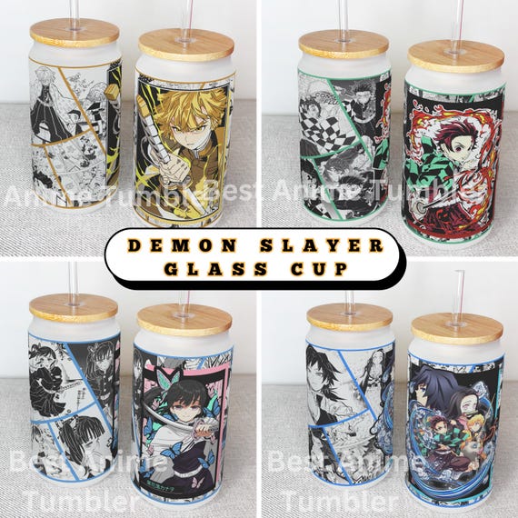 Demon slayer coffee cup, Best Anime Libbey glass cup 16oz , Anime Fan Gift, Manga lover, Kawaii, Cute , glass cup with Lid Reusable Straw
