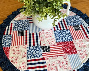 Patriotic Patchwork Table Topper Handmade 4th of July Home Decor