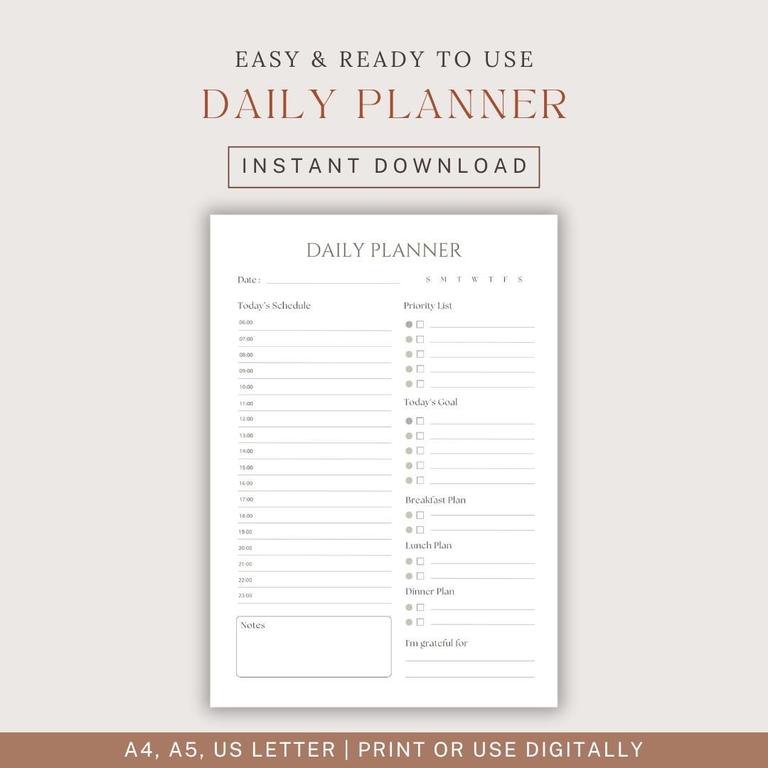 Simple Daily Planner Printable, Daily Productivity Planner, Daily ...