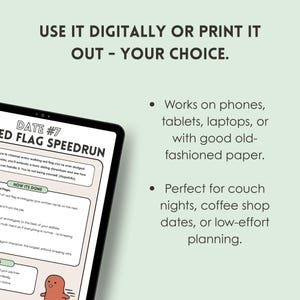 May include: A digital printable game card with the title "Red Flag Speedrun" and instructions on how to play. The card features a cartoon illustration of a red stick figure running. The text on the card says "Date #7".