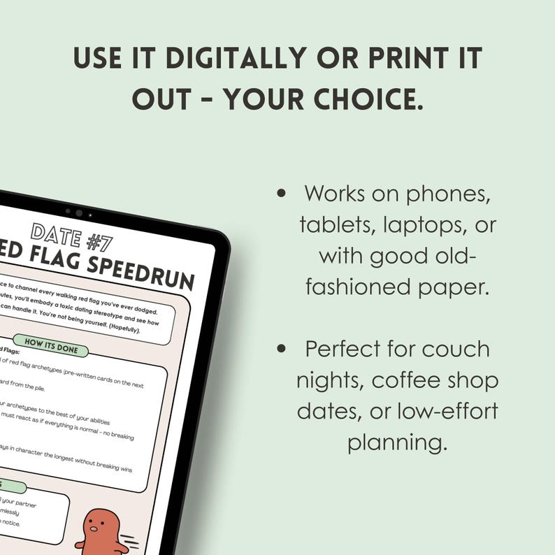 May include: A digital printable game card with the title "Red Flag Speedrun" and instructions on how to play. The card features a cartoon illustration of a red stick figure running. The text on the card says "Date #7".